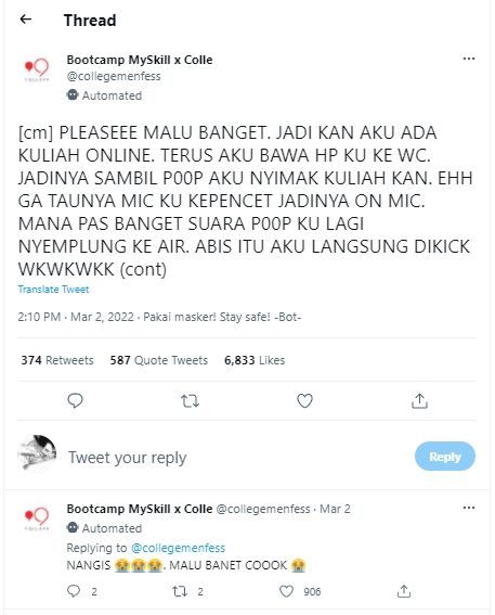 Menyimak Kuliah saat BAB di WC, Orang ini Tak Sengaja Pencet Aktifkan Fitur yang Bikin Malu Banget. (Twitter/collegemenfess)
