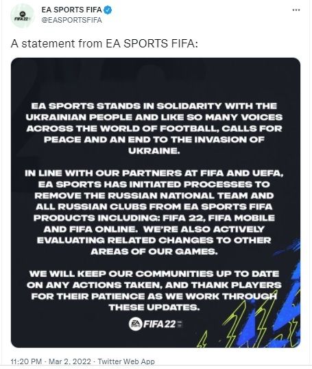 Cuitan EA hapus tim Rusia dari Game FIFA dan NHL 22. [Twitter]