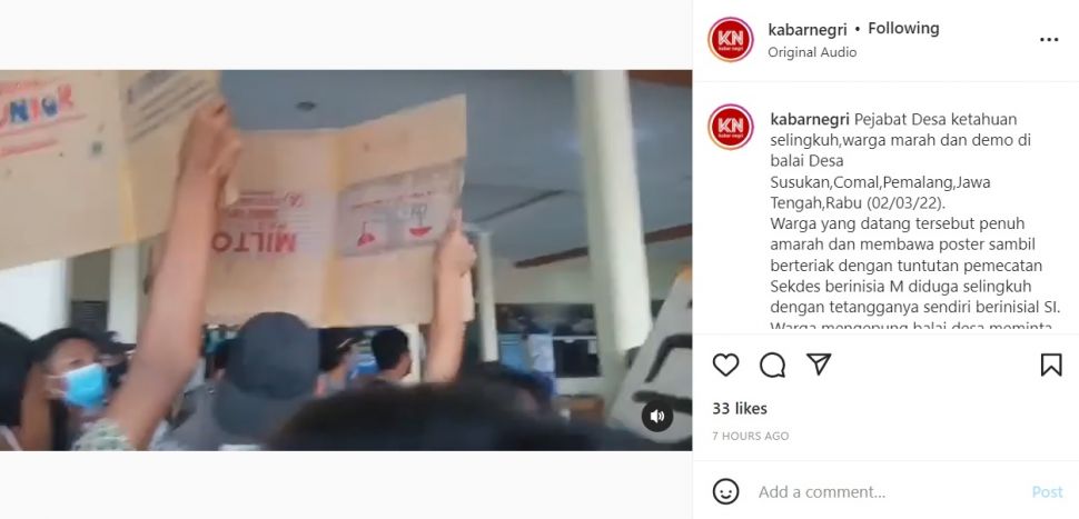 Sekdes di Pemalang Diduga Ketahuan Selingkuh, Warga Demo Minta Sekdes Dipecat (instagram/@kabarnegri)