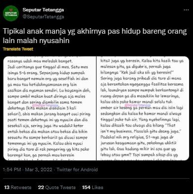 Viral Cewek Curhat Kelakuan Teman Mes Bikin Meledak. (Twitter/@SeputarTetangga)