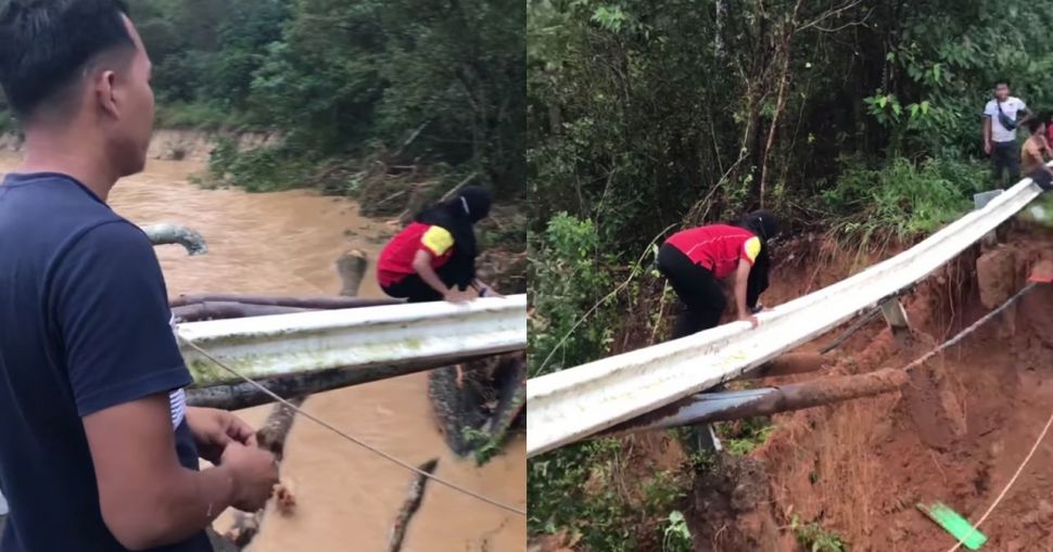 Momen seorang wanita nekat seberangi jembatan rusak demi bertemu ibunya. (Kosmo.co.my)