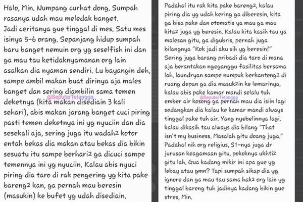 Viral Cewek Curhat Kelakuan Teman Mes Bikin Meledak. (Twitter/@SeputarTetangga)