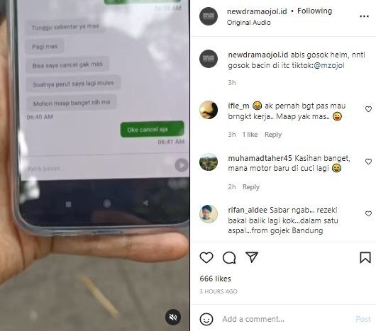 Viral Pelanggan Mendadak Minta Cancel Gegara Ini Bikin Driver Ojol Lemes. (Instagram/@newdramaojol.id)