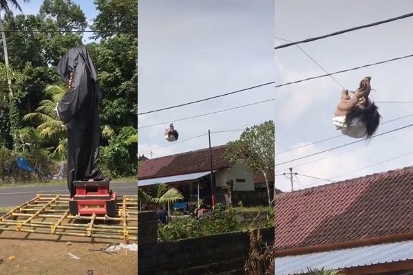 Viral kepala ogoh-ogoh tersangkut di kabel (TikTok)