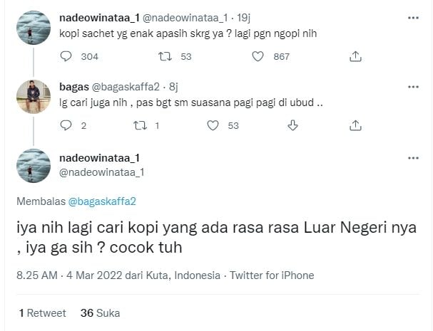 Cuitan Nadeo Argawinata soal cari kopi yang ada rasa dari luar negeri. (Twitter/@nadeowinataa_1)