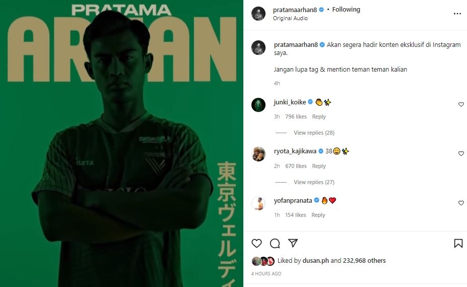 Dua rekan Pratama Arhan di Tokyo Verdy ikut berkomentar di postingannya. (Instagram/pratamaarhan8)