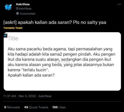 Viral Sender Galau Beda Agama Sama Pacar dan Mau Sama-sama Pindah. (Twitter/@askrlfess)