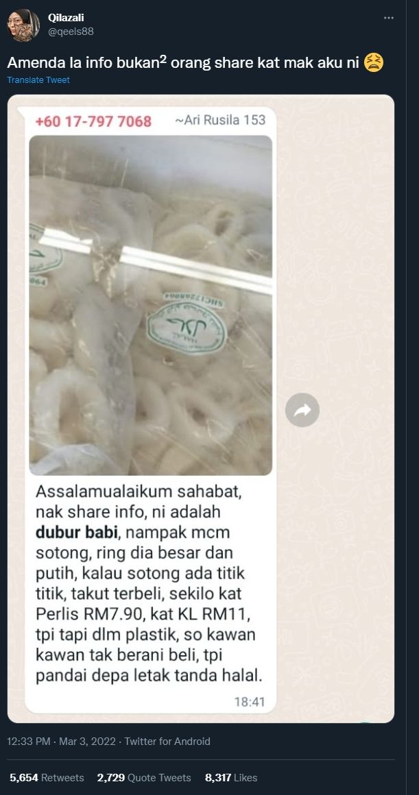 hoaks cumi frozen berasal dari dubur babi yang beredar di WhatsApp membuat warganet keheranan. (Dok. Twitter)