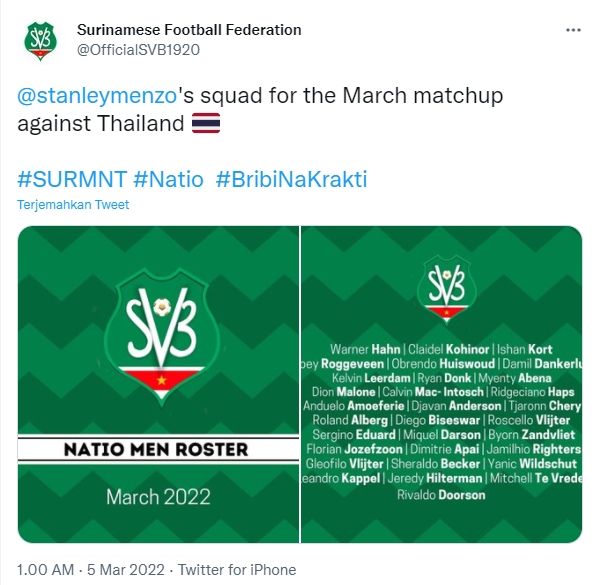 Skuad Suriname untuk hadapi laga melawan Thailand. (Twitter/@OfficialSVB1920)