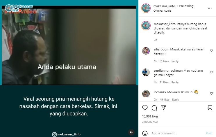 Viral Pria Tagih Utang Pakai Cara Cerdas Pada Nasabah yang Berlagak Jadi Korban. (Instagram/@makassar_iinfo)