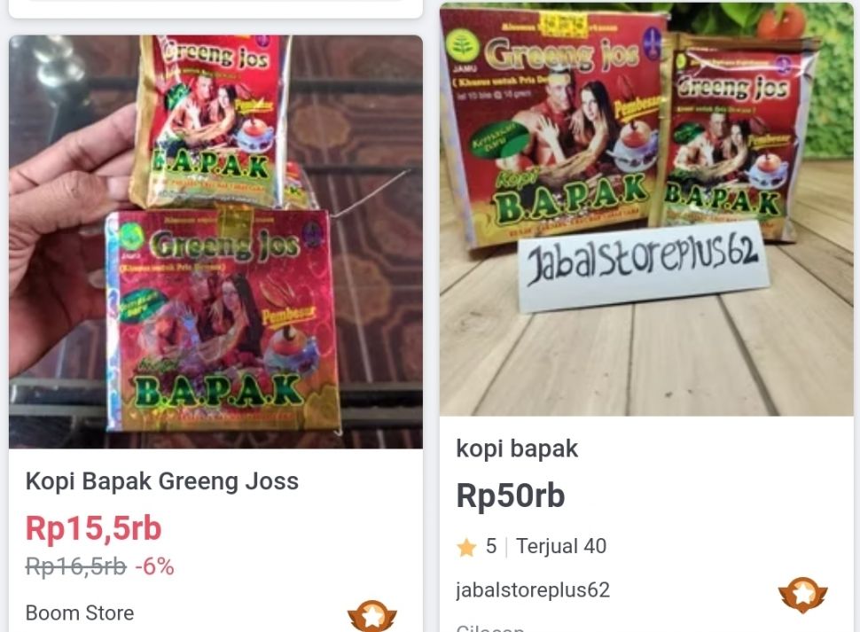 Kopi mengandung obat kuat dan parasetamol di toko online. (Dok. Tangkapan Layar/Suara.com)