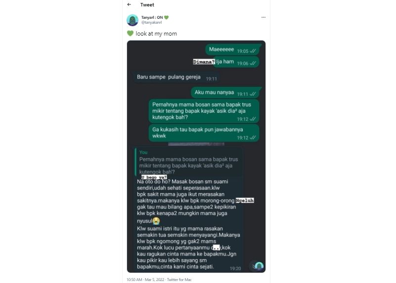 Anak Tanya Kebosanan Pernikahan ke Ortu, Begini Jawaban Manis Ibu yang Jadi Sorotan. (Twitter/tanyakanrl)