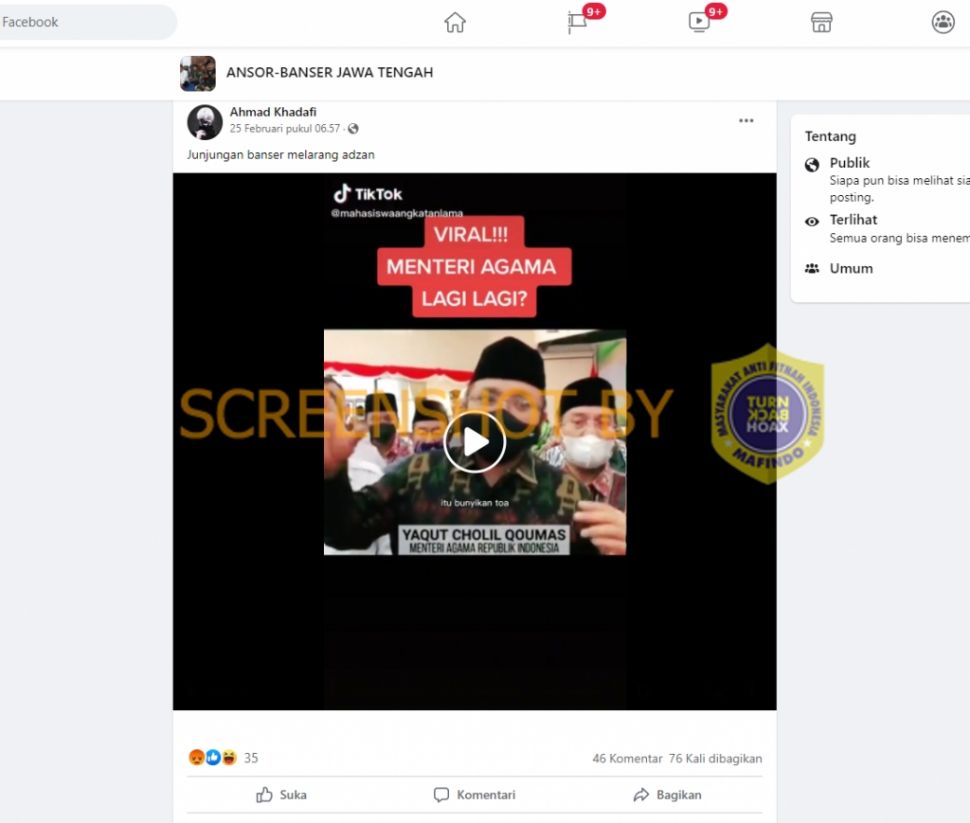 CEK FAKTA: Beredar Video Menag Yaqut Lagi-lagi Melarang Azan, Benarkah? (Turnbackhoax.id)