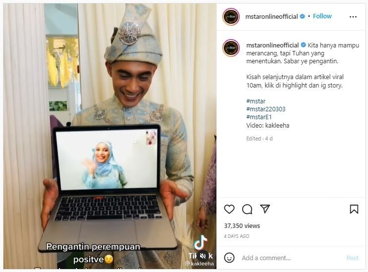 Viral Pengantin Pria Sendiri di Pelaminan, Hanya Ditemani Laptop (instagram.com/mstaronlineofficial)