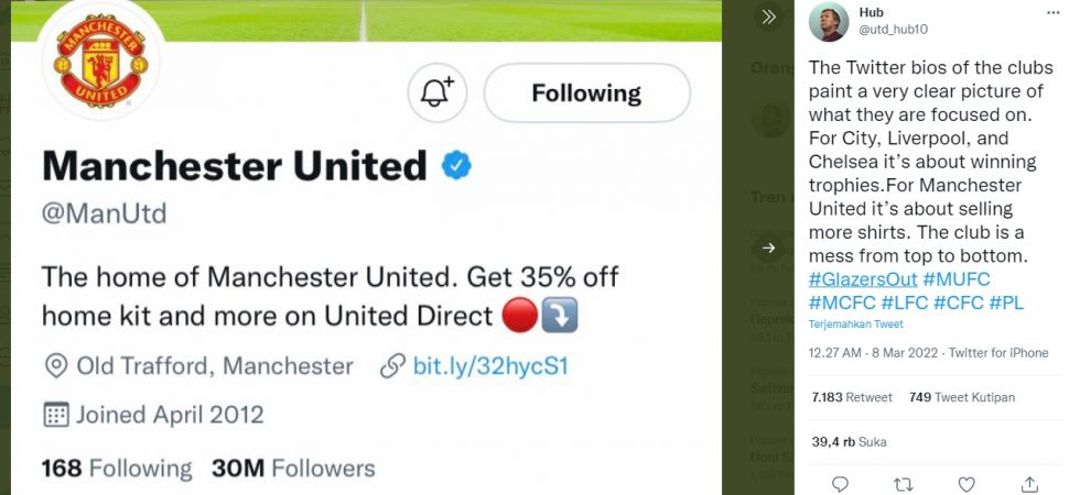 Bio akun Twitter Manchester United jadi bahan ejekan. (Twitter/@utd_hub10)