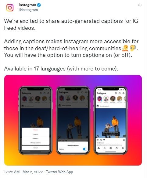 Fitur baru Instagram, Caption Otomatis. [Twitter]