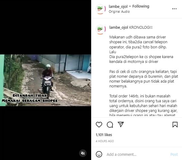 Parah! Ngaku Jadi Driver Ojol, Seorang Pria Bawa dan Ambil Pesanan Makan dari Resto Tanpa Bayar. (Instagram/lambe_ojol)