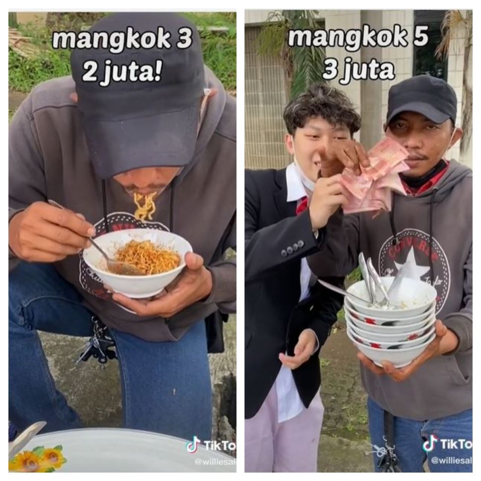 Tantangan makan mi instan dapat uang tunai (TikTok @williesalim)