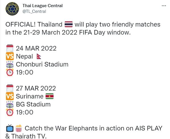 Thailand akan melawan Nepal, yang jadi kompetitor timnas Indonesia di Kualifikasi Piala Asia 2023. (Twitter/@TL_Central)