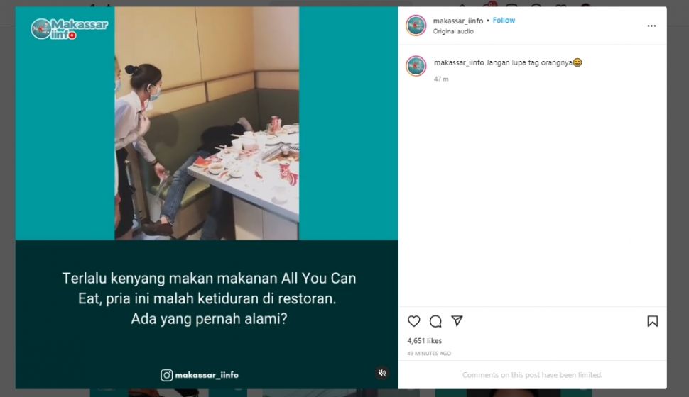 Duh! Kekenyangan Habiskan Makanan All You Can Eat, Pria Ini Sampai Ketiduran di Restoran. (Instagram/@makassar_iinfo)