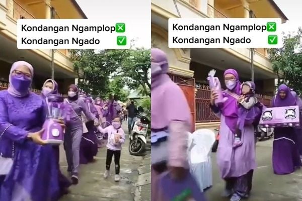 Datang ke Kondangan, Rombongan Wanita Ini Kompak Pakai Kostum Serba Ungu (tiktok/@betaria3112)