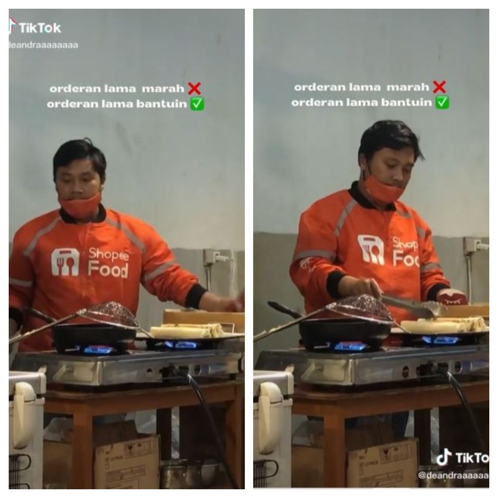 Kurir makanan ikut bantu masak (TikTok @deandraaaaaaaa)