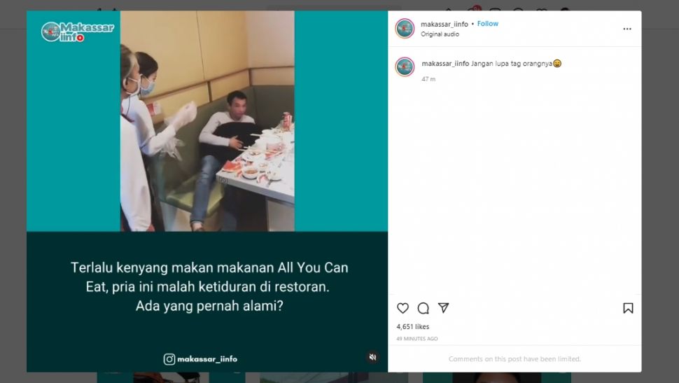 Duh! Kekenyangan Habiskan Makanan All You Can Eat, Pria Ini Sampai Ketiduran di Restoran. (Instagram/@makassar_iinfo)