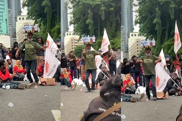 Viral Bapak-bapak Penjual Minuman Joget Pas Demo. (TikTok)