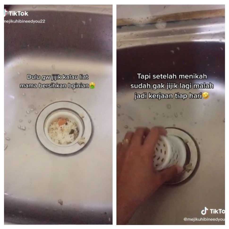 Membersihkan saringan sisa makanan (TikTok @mejikuhibineedyou22)