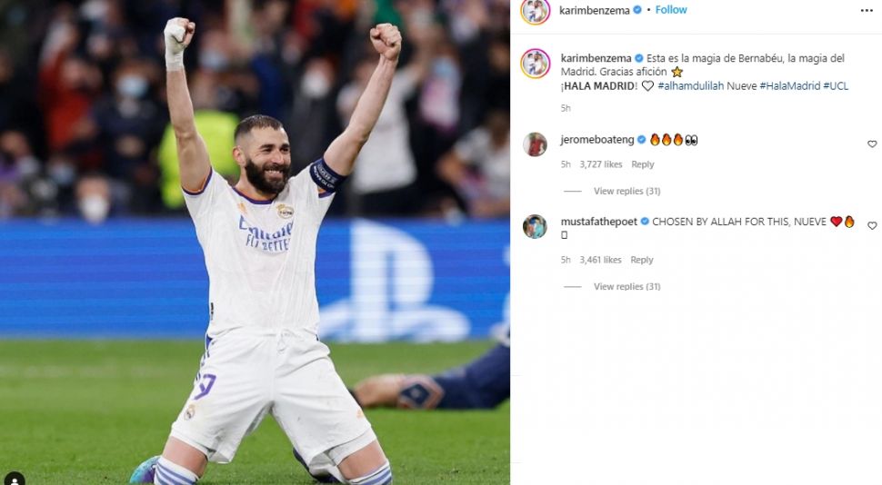 Karim Benzema ucapkan Alhamdulilah usai cetak hattrick. (Instagram/karimbenzema)