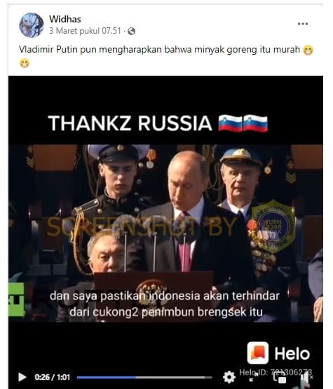 CEK FAKTA: Vladimir Putin akan Kirim Penembak Jitu Basmi Penimbun Minyak Goreng, Benarkah? (Turnbackhoax.id)