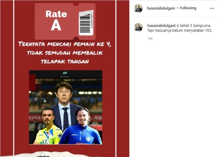 Postingan Hasani Abdulgani yang memberi kode untuk naturalisasi lima pemain keturunan Indonesia. (Instagram/hasaniabdulgani)