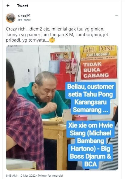 Michael Bambang Hartono makan di rumah makan sederhana (Twitter @Y_Yoe01)