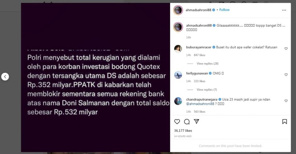 Unggahan Ahmad Sahroni [Instagram]