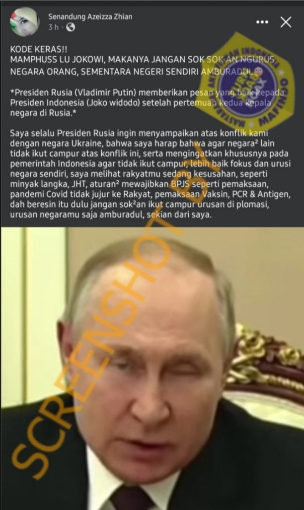 CEK FAKTA: Jokowi Kena Teguran Presiden Putin Agar Tak Ikut Campur Masalah Rusia-Ukraina, Benarkah? (Turnbackhoax.id)