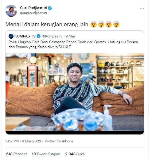 Susi komentari kasus Doni Salmanan (twitter.com/susipudjiastuti)