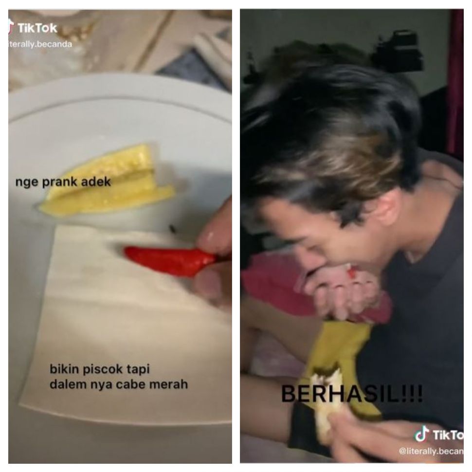 Prank adik dengan piscok isi cabai (TikTok @literally.becanda)