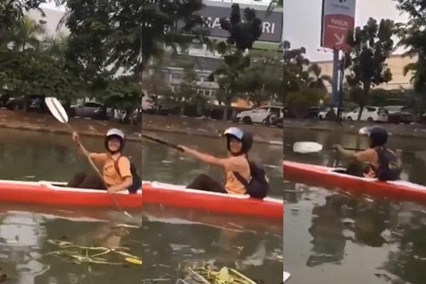 Viral Siswa Ini Ngebut Pakai Helm Terabas Sungai Hindari Macet. (Instagram/@jakarta.keras)