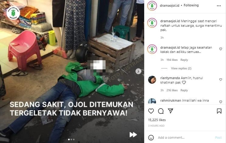 Viral Driver Ojol Cari Nafkah sampai Terkapar Tak Bernyawa di Bogor. (Instagram/@dramaojol.id)