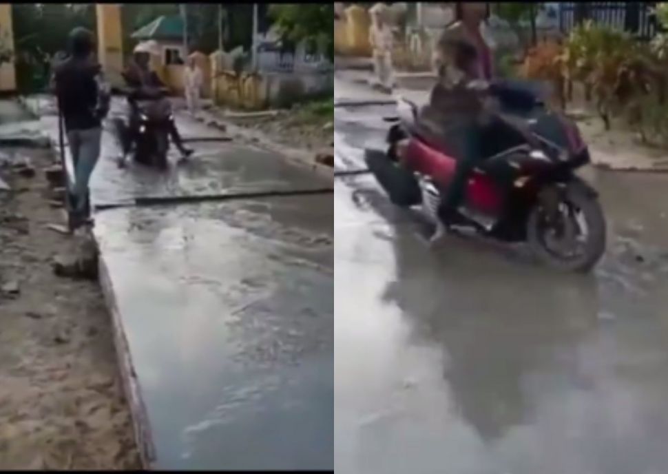 Aksi seorang pemotor terobos dan ugal-ugalan di jalan yang baru selesai dicor. (Instagram/suara_bergema)