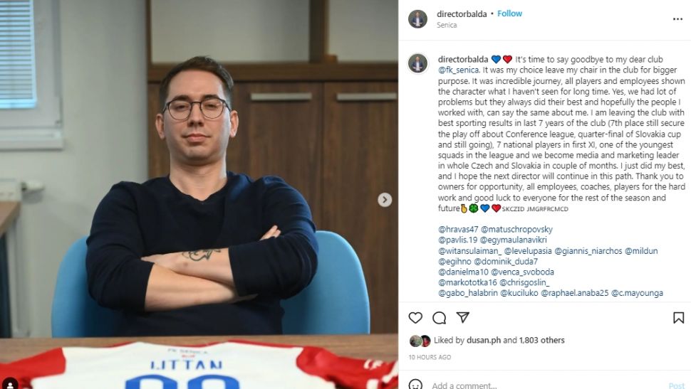 David Balda, sosok yang datangkan Egy dan Witan ke FK Senica mundur dari klub. (Instagram/directorbalda)