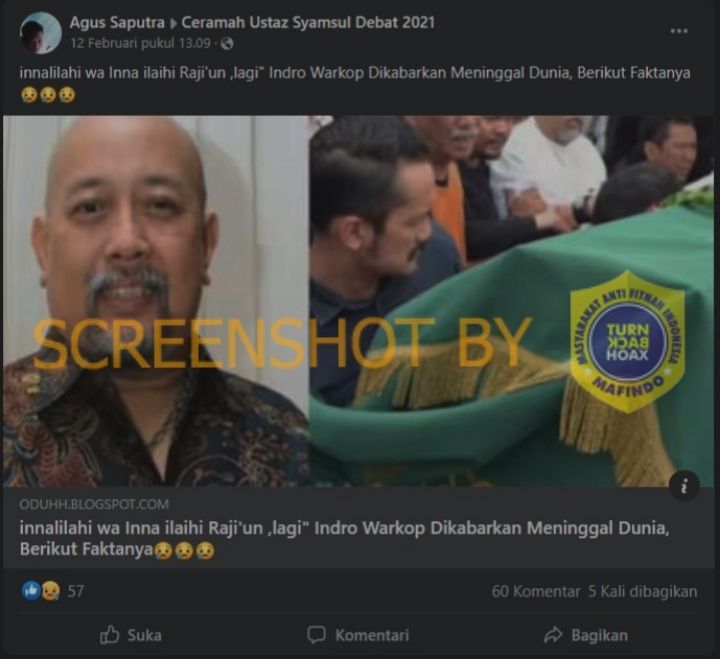 CEK FAKTA: Beredar Kabar Duka Komedian Indro Warkop Meninggal Dunia, Benarkah? (Turnbackhoax.id)