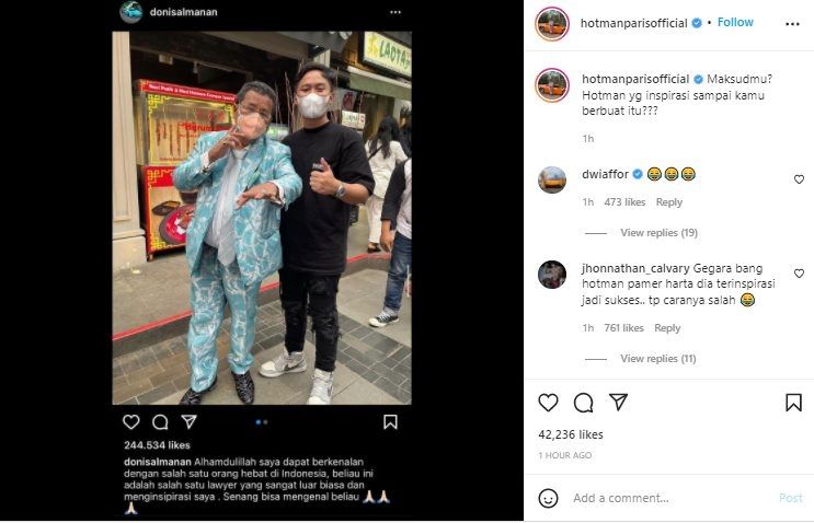 Hotman Paris Menohok Bilang Begini Setelah Sempat Dipuji Doni Salmanan Jadi Sosok Inspirasi. (Instagram/@hotmanparisofficial)