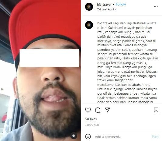 Viral Pria Curhat Emosi Digetok Parkir Rp100 Ribu di Tempat Wisata Sukabumi. (Instagram/@hic_travel)