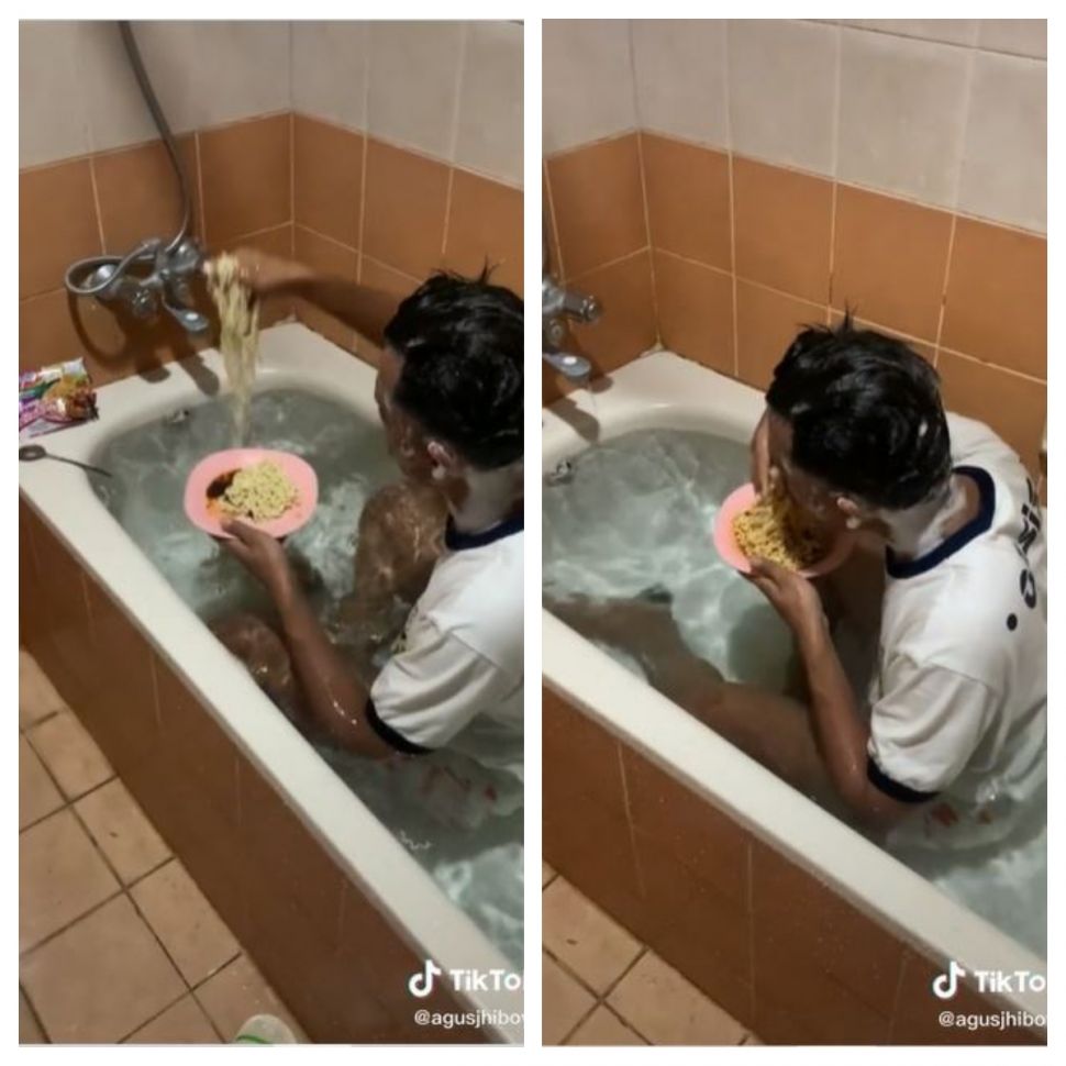 Makan mi di bathtub (TikTok @agusjhiboy2)