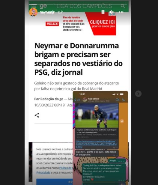 Neymar bagikan isi pesan WA dengan Donnarumma. (Instagram/neymarjr)