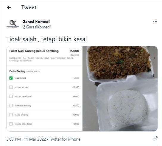 Nasi goreng kebuli ekstra nasi (Twitter @GarasiKomedi)