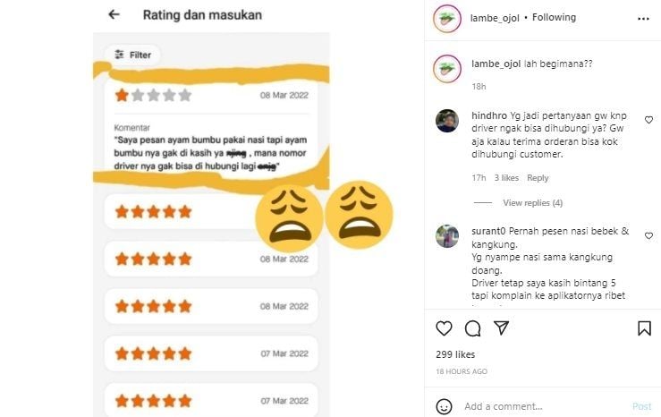 Viral Driver Ojol Diberi Bintang 1 Gegara Orderan Ayam Bumbu. (Instagram/@lambe_ojol)