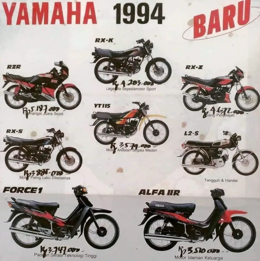 Brosur harga motor Yamaha tahun 1994. (TikTok)