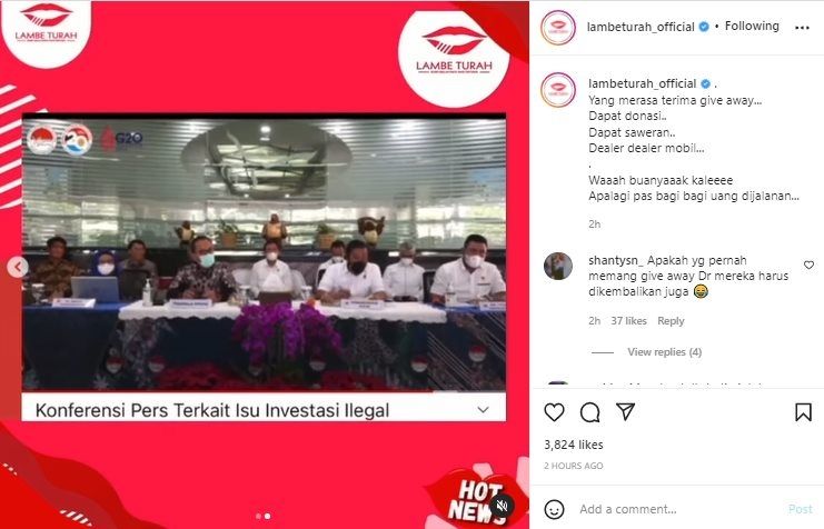 Penerima Dana Indra Kenz Bisa Dipidana. (Instagram/@lambeturah_official)